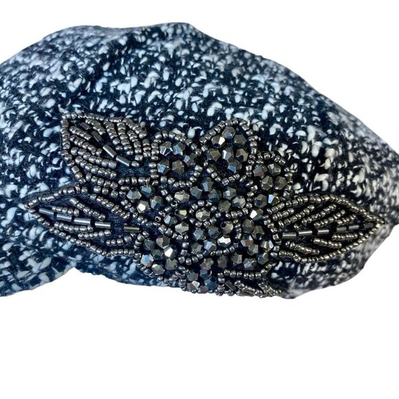 News Boy Cap Black White Tweed Hat with Rhinestone Applique Fully Lined - Picture 3 of 8